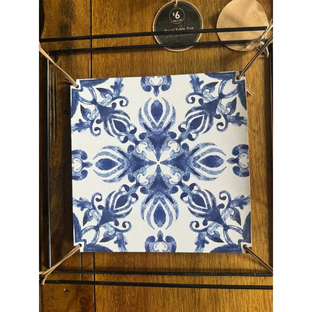 NWT Set of 3 Blue White Tile Print Metal Tabletop Trays Wall Decor 11.25”